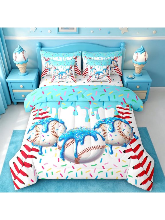 Watercolor Baseball Cream 7 Pieces Full Size Bedding Sets For Kids,Ball Ice Drip Full Size Bed in a Bag For Boys,Reversible