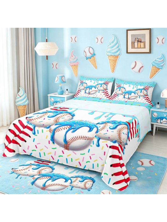 Watercolor Baseball Cream Bed Sheets For Kids,Ball Ice Drip Full Size Sheets For Boys,4 Pieces