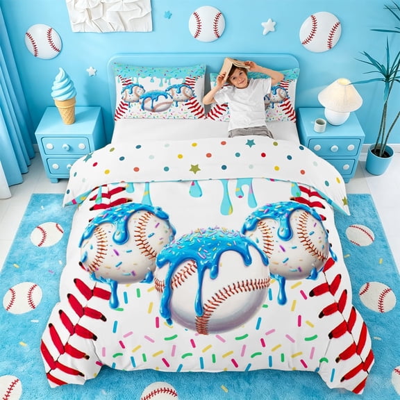 meiyoeat Watercolor Baseball Cream Bedding For Kids,Ball Ice Drip Duvet Cover Full For Boys,Reversible,3 Pieces(No Comforter)