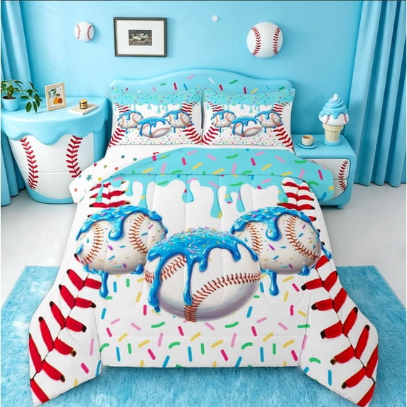 meiyoeat Watercolor Baseball Cream Full Size Comforter Sets For Kids,Ball Ice Drip Bedding Comforter Set For Boys,Reversible,3 Pieces