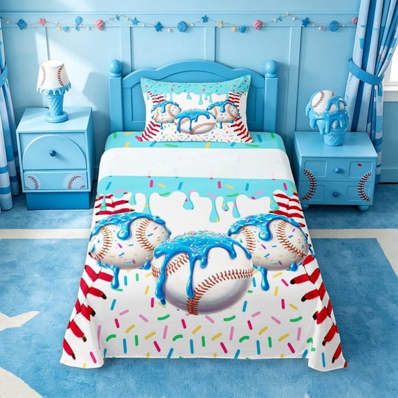 meiyoeat Watercolor Baseball Cream Twin Sheets For Kids,Ball Ice Drip Bedding For Boys,3-Piece