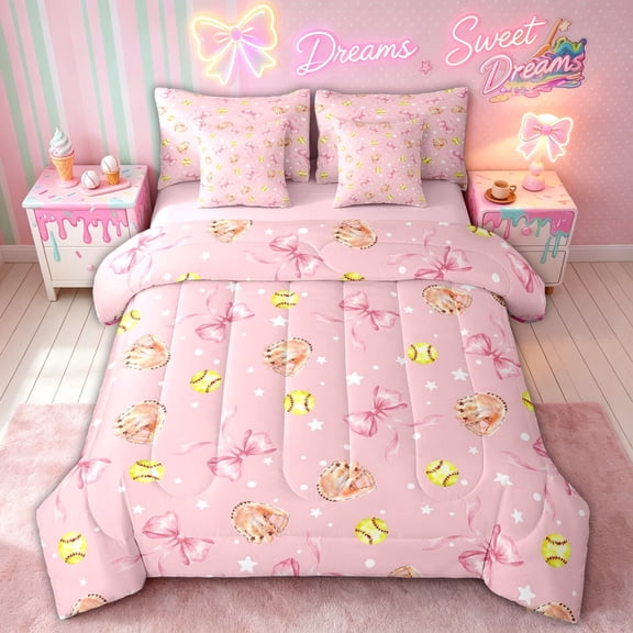 meiyoeat Watercolor Bow Softball Glove Twin Bedding for Girls, Pink Yellow Star Print Bedding Comforter Set, Pink Reversible, 7-Piece