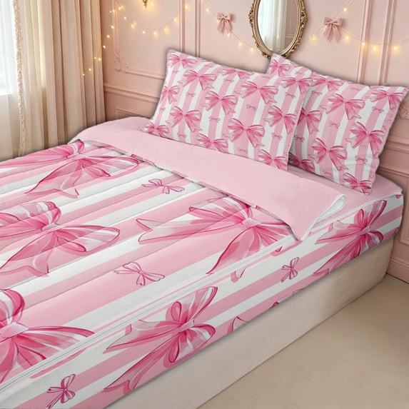 meiyoeat Watercolor Bow Stripe Zipper Twin Comforter Sets with Fitted Sheet and 2 Pillowcases for Kids Girls, Girly Pink Ribbon Zipper Bedding Set, Pink ReversibleG