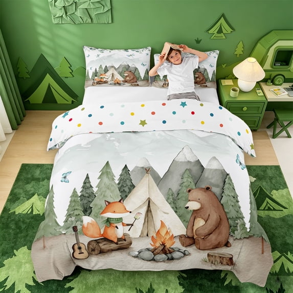 meiyoeat Watercolor Camping Bedding For Boys,Fox Tent Print Duvet Cover Full,Polkadot Reversible,3-Piece,1 Duvet Cover and 2 Pillowcases