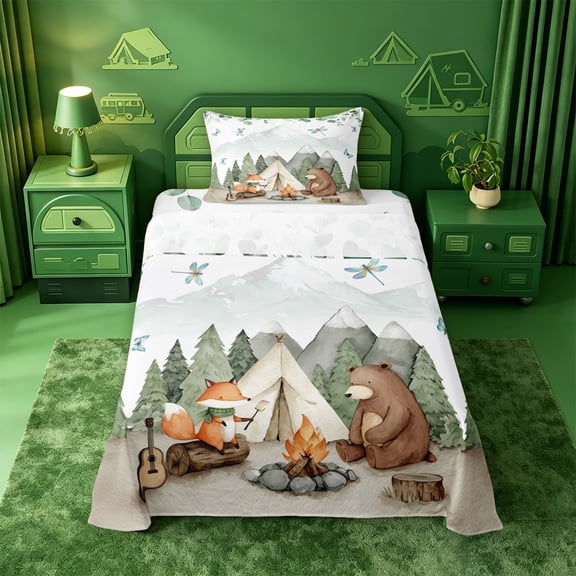 meiyoeat Watercolor Camping Twin Sheets For Boys,Fox Tent Print Bedding,3pcs,1 Fitted Sheet and 1 Pillowcase