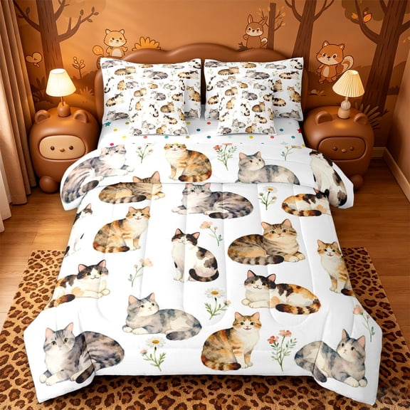 meiyoeat Watercolor Cat Flower Pattern 7-Piece Twin Bedding,Animal Print Bedding Comforter Set For Girl,Reversible