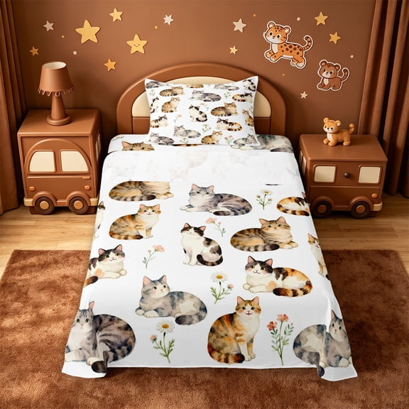 meiyoeat Watercolor Cat Flower Pattern Twin Sheets,Animal Print Bedding For Girl,3pcs,1 Fitted Sheet and 1 Pillowcase