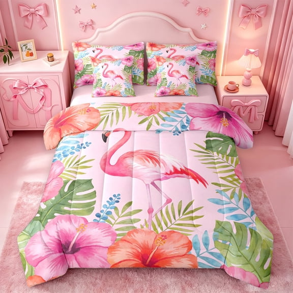 meiyoeat Watercolor Flamingo Tropical Pattern 7-Piece Twin Bedding,Pink Floral Print Bedding Comforter Set For Girl,Reversible