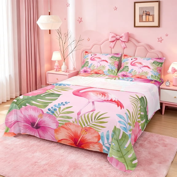 meiyoeat Watercolor Flamingo Tropical Pattern Bed Sheets,Pink Floral Print Full Size Sheets For Girl,4-Piece,1 Flat Sheet,1 Fitted Sheet and 2 Pillowcases