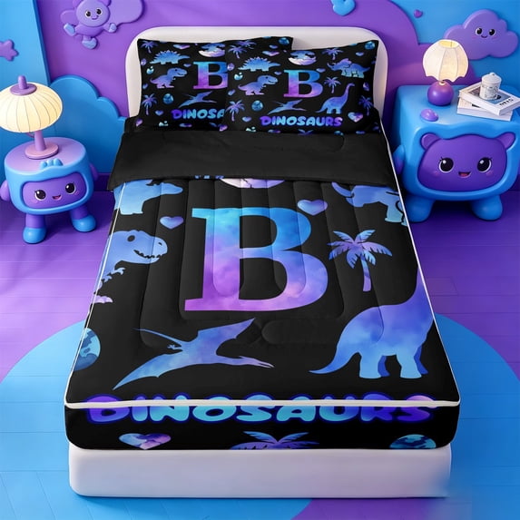 meiyoeat Watercolor Gradient Monogram B Zipper Full Size Comforter Sets with Fitted Sheet and 2 Pillowcases For Boys,Safari Dinosaur Themed Zipper Bedding Set,Black Reversible,4 Pieces