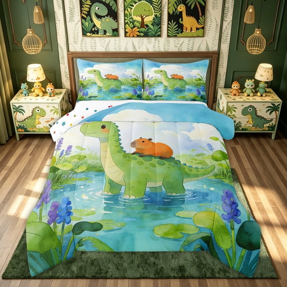 meiyoeat Watercolor Long Neck Dino Capybara Full Size Comforter Sets for Kids Boys, Kawaii Wildlife Bedding Comforter Set, Green Blue, Polkadot Reversible, 3 Pieces, 1 Comforter and 2 Pillowcases