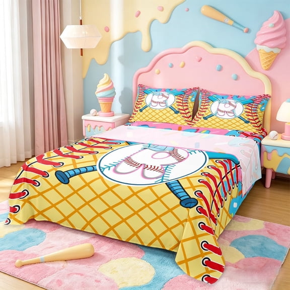 meiyoeat Watercolor Monogram Print Full Size Sheets For Kids,Ice Cream Theme Alphabet R Bed Sheets For Baseball Games Lover,4-Piece