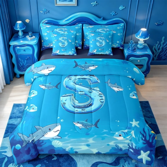 meiyoeat Watercolor Ocean Animal Shark 7 Pieces Full Size Bedding Sets For Boys,Under The Sea Themed Monogram S Full Size Bed in a Bag,Navy Blue Reversible