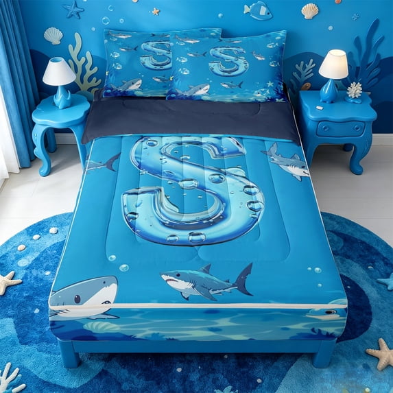 meiyoeat Watercolor Ocean Animal Shark Zipper Twin Comforter Sets with Fitted Sheet and 2 Pillowcases For Boys,Under The Sea Themed Monogram S Zipper Bedding Set,Navy Blue Reversible,4-Piece