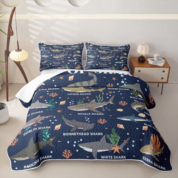 meiyoeat Watercolor Ocean Coral Twin Quilt Set For Boys,Cute Sea Animal Shark Twin Coverlet Set For Kids,2-Piece