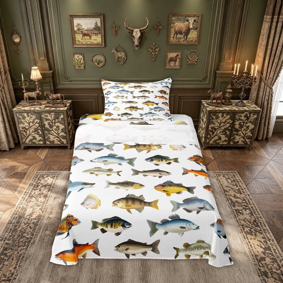 meiyoeat Watercolor Ocean Fish Twin Sheets for Kids Boys Girls, Tropical Coastal Wildlife Bedding, Reversible, 1 Flat Sheet, 1 Fitted Sheet and 1 Pillowcase