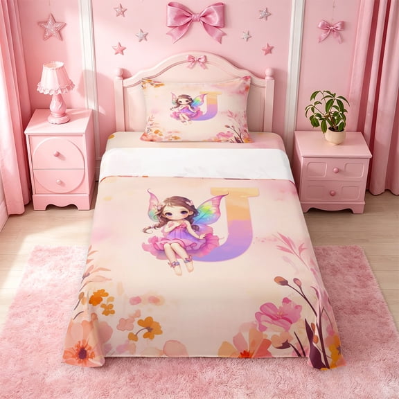 meiyoeat Watercolor Ombre Monogram J Twin Sheets,Cute Cartoon Princess Elf Bedding For Girl,3pcs,1 Fitted Sheet and 1 Pillowcase