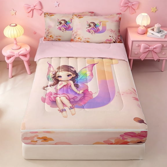 meiyoeat Watercolor Ombre Monogram J Zipper Twin Comforter Sets with Fitted Sheet and 2 Pillowcases,Cute Cartoon Princess Elf Zipper Bedding Set For Girl,Pink Reversible,4 Pieces