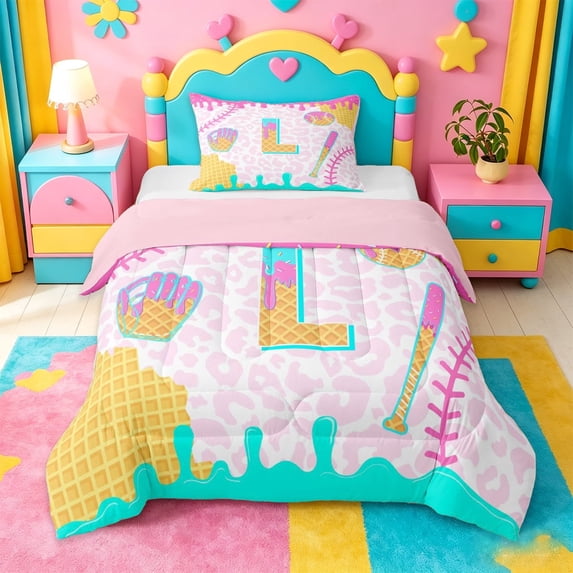 meiyoeat Watercolor Personalized Initial Gifts Twin Comforter Sets For Girls,Cream Baseball L Monogrammed Print Bedding Set For Kids,Pink Reversible,2pcs