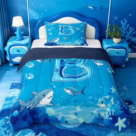 meiyoeat Ocean Wave Initial B Twin Comforter Sets For Boys,Kawaii Shark Water Monogram Art Bedding Set,Navy Blue Reversible,2-Piece,1 Comforter and 1 Pillowcase