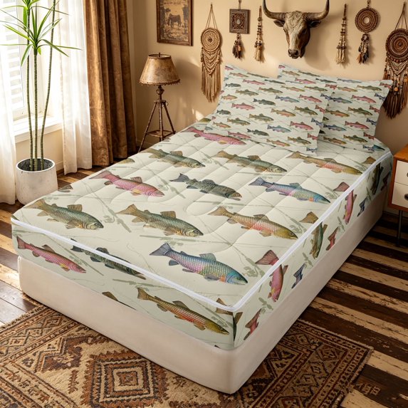 meiyoeat Watercolor Pike Fish Zipper Full Size Comforter Sets with Fitted Sheet and 2 Pillowcases for Girls Boys Girls, Rustic Lake Animal Zipper Bedding Set, Green, Black Reversible, 4pcs