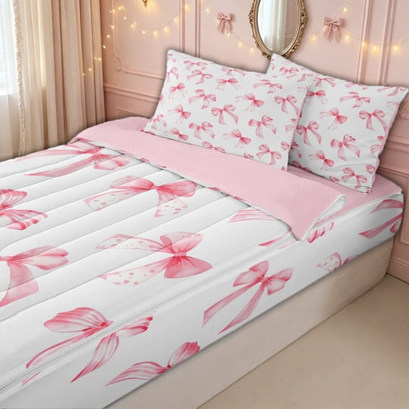 meiyoeat Watercolor Polkadot Bow Zipper Full Size Comforter Sets with Fitted Sheet and 2 Pillowcases for Kids Girls, Girly Stripes Bowknot Zipper Bedding Set, Pink White, Pink ReversibleG