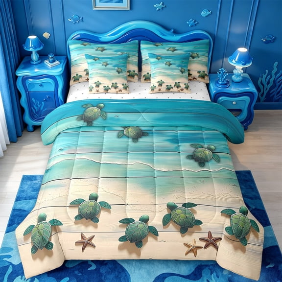 meiyoeat Watercolor Sea Turtle 7 Pieces Full Size Bedding Sets For Boys,Starfish Print Full Size Bed in a Bag