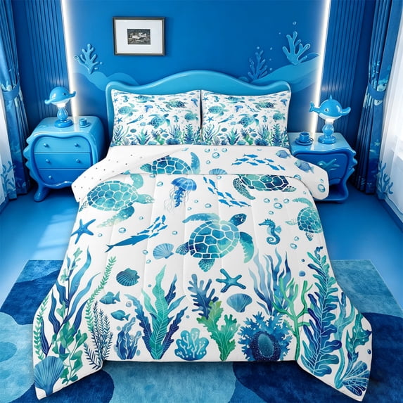 meiyoeat Watercolor Sea Turtle Full Size Comforter Sets For Boys,Ocean Animal Starfish Bedding Comforter Set,Reversible,3-Piece,1 Comforter and 2 Pillowcases