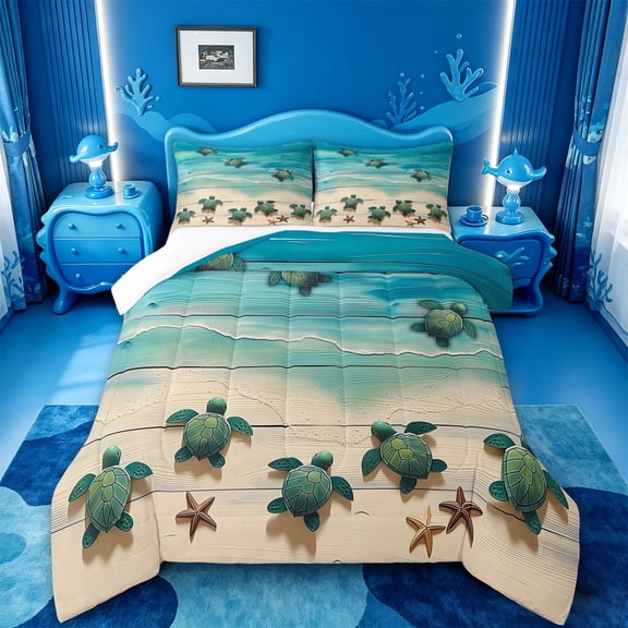 meiyoeat Watercolor Sea Turtle Full Size Comforter Sets For Boys,Starfish Print Bedding Comforter Set,3pcs,1 Comforter and 2 Pillowcases