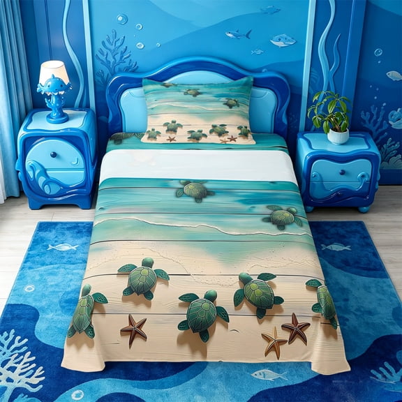meiyoeat Watercolor Sea Turtle Twin Sheets For Boys,Starfish Print Bedding,3 Pieces,1 Fitted Sheet and 1 Pillowcase