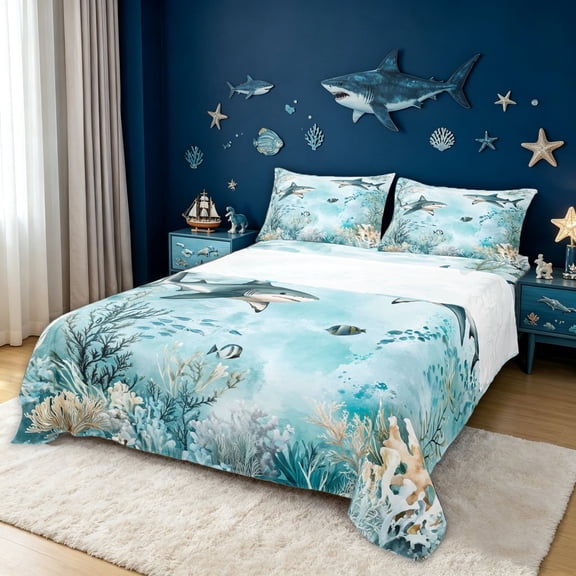 meiyoeat Watercolor Shark Bed Sheets for Men Boys, Undersea Coral Animal Full Size Sheets, Teal, 4pcs, 1 Flat Sheet, 1 Fitted Sheet and 2 Pillowcases