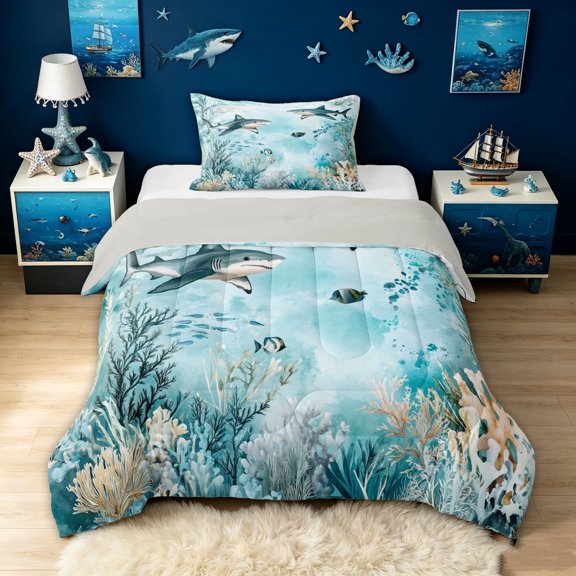 meiyoeat Watercolor Shark Twin Comforter Sets for Men Boys, Undersea Coral Animal Bedding Set, Teal, Grey Reversible, 2pcs, 1 Comforter and 1 Pillowcase