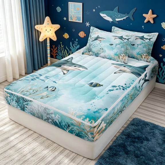 meiyoeat Watercolor Shark Zipper Twin Comforter Sets with Fitted Sheet and 2 Pillowcases for Men Boys, Undersea Coral Animal Zipper Bedding Set, Teal, Grey Reversible, 4pcs