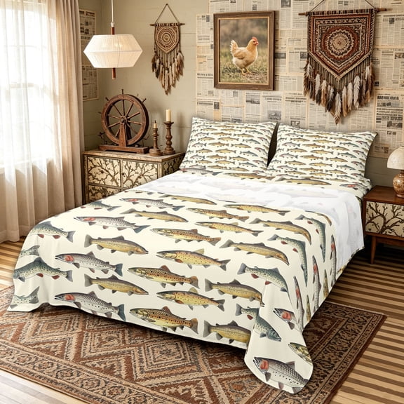 meiyoeat Watercolor Spotted Fish Bed Sheets, Natural Lake Outdoor Fishing Full Size Sheets, Brown Green, Reversible, 1 Flat Sheet, 1 Fitted Sheet and 2 Pillowcases