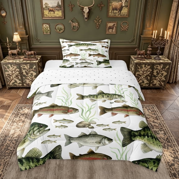 meiyoeat Watercolor Trout Bass Fish Twin Comforter Sets for Men Kids, Rustic Wildlife Bedding Set, Green Brown, Reversible, 2pcs, 1 Comforter and 1 Pillowcase