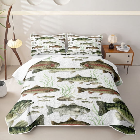 meiyoeat Watercolor Trout Bass Fish Twin Quilt Set for Men Boys, Rustic Wildlife Twin Coverlet Set, Green Brown, 2pcs