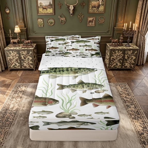 meiyoeat Watercolor Trout Bass Fish Zipper Comforter Set with Fitted Sheet and 2 Pillowcases for Men Kids, Rustic Wildlife Zipper Bedding Set, Green Brown, Reversible, 3pcs