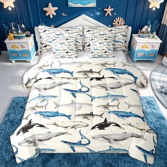 meiyoeat Watercolor Whale Full Size Bedding Sets for Kids Boys, Ocean Animal Full Size Bed in a Bag for Bedroom, Blue Beige, Reversible, 7-Piece