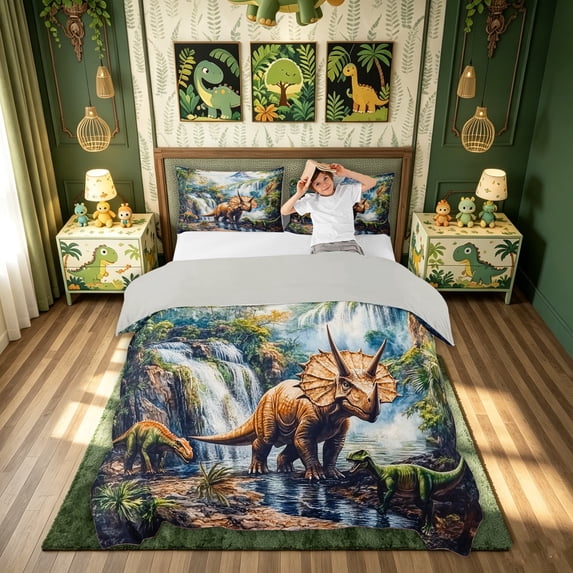 meiyoeat Waterfall Mountain Dino Bedding for Boys Girls Kids, Natural Prehistoric Wildlife Duvet Cover Full, Green Brown, Grey Reversible, 3-Piece, 1 Duvet Cover and 2 Pillowcases