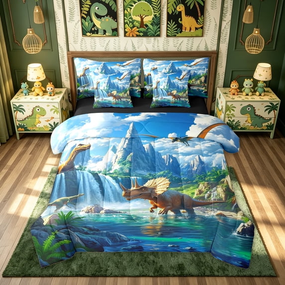 meiyoeat Waterfall Mountain Dinosaur Twin Bedding for Boys Girls Kids, Triceratops Nature Bedding Comforter Set, Blue, Black Reversible, 7pcs