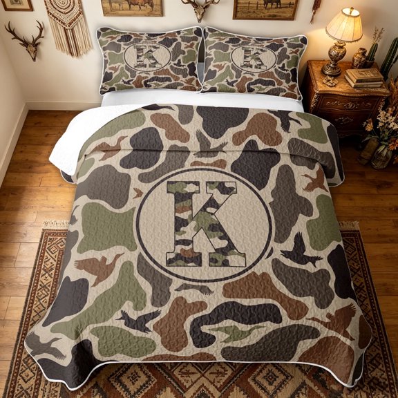 meiyoeat Western Camo Monogram K Twin Quilt Set for Enthusiasts, Rustic Camouflage Duck Twin Coverlet Set, 2 Pieces, 1 Comforter and 1 Pillowcase