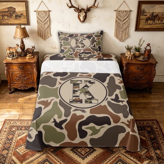 meiyoeat Western Camo Monogram K Twin Sheets for Enthusiasts, Rustic Camouflage Duck Bedding, 3 Pieces, 1 Flat Sheet, 1 Fitted Sheet and 1 Pillowcase