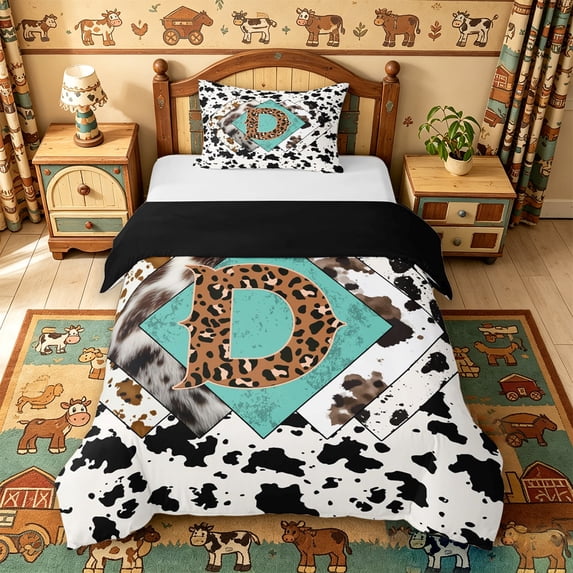 meiyoeat Western Cow Print Monogram D Twin Duvet Cover For Boys,Leopard Initial Print Twin Bedding,Black Reversible,2 Pieces,1 Duvet Cover and 1 Pillowcase
