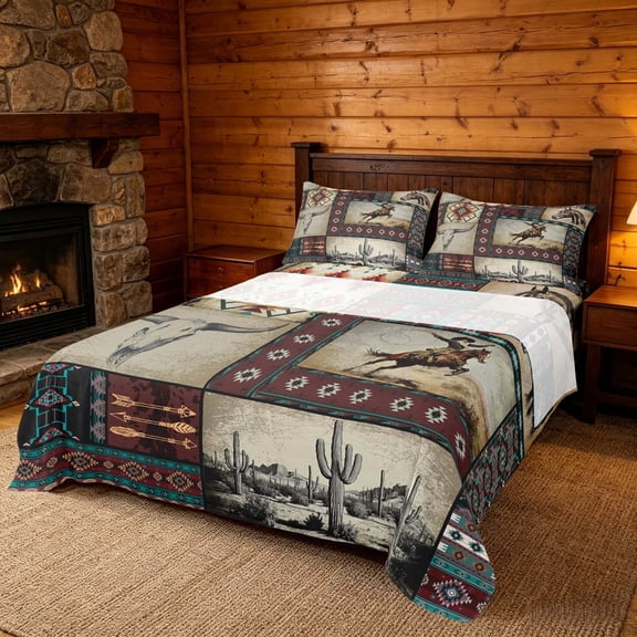 meiyoeat Western Cowboy Aztec Bed Sheets, Vintage Cactus Cowboy Pattern King Sheets, Multicolor Brown, 4pcs, 1 Flat Sheet, 1 Fitted Sheet and 2 Pillowcases
