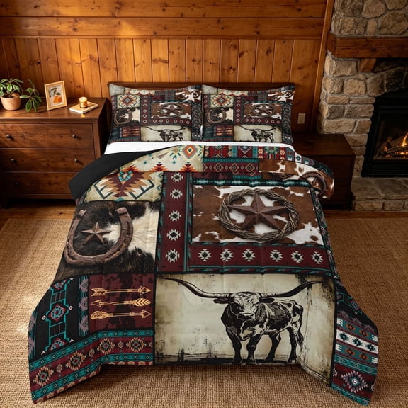 meiyoeat Western Cowboy Aztec Queen Comforter Set, Vintage Bull Horseshoe Pattern Bedding Comforter Set, Multicolor Brown, Black Reversible 3pcs, 1 Comforter and 2 Pillowcases