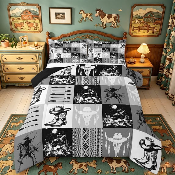 meiyoeat Western Cowboy Bull Skull Full Size Comforter Sets For Boys,Rustic Farmhouse Cabin Bedding Comforter Set,Reversible,3 Pieces,1 Comforter and 2 Pillowcases