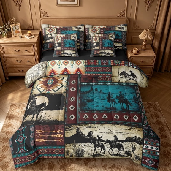 meiyoeat Western Cowboy Horse 7pcs Queen Bedding,Vintage Aztec Geometric Print Bedding Comforter Set Queen For Adult,Black Reversible