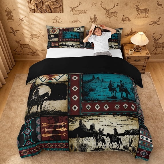 meiyoeat Western Cowboy Horse Duvet Cover King,Vintage Aztec Geometric Print King Bedding For Adult,Black Reversible,3pcs(No Comforter)