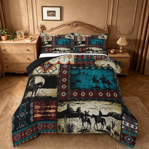 meiyoeat Western Cowboy Horse Queen Comforter Set,Vintage Aztec Geometric Print Comforter Sets Queen For Adult,Black Reversible,3 Pieces