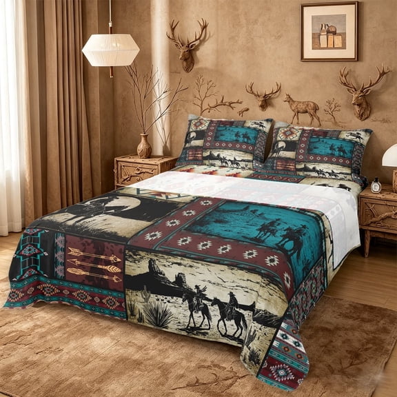 meiyoeat Western Cowboy Horse Queen Sheets,Vintage Aztec Geometric Print Queen Sheet Sets For Adult,4 Pieces